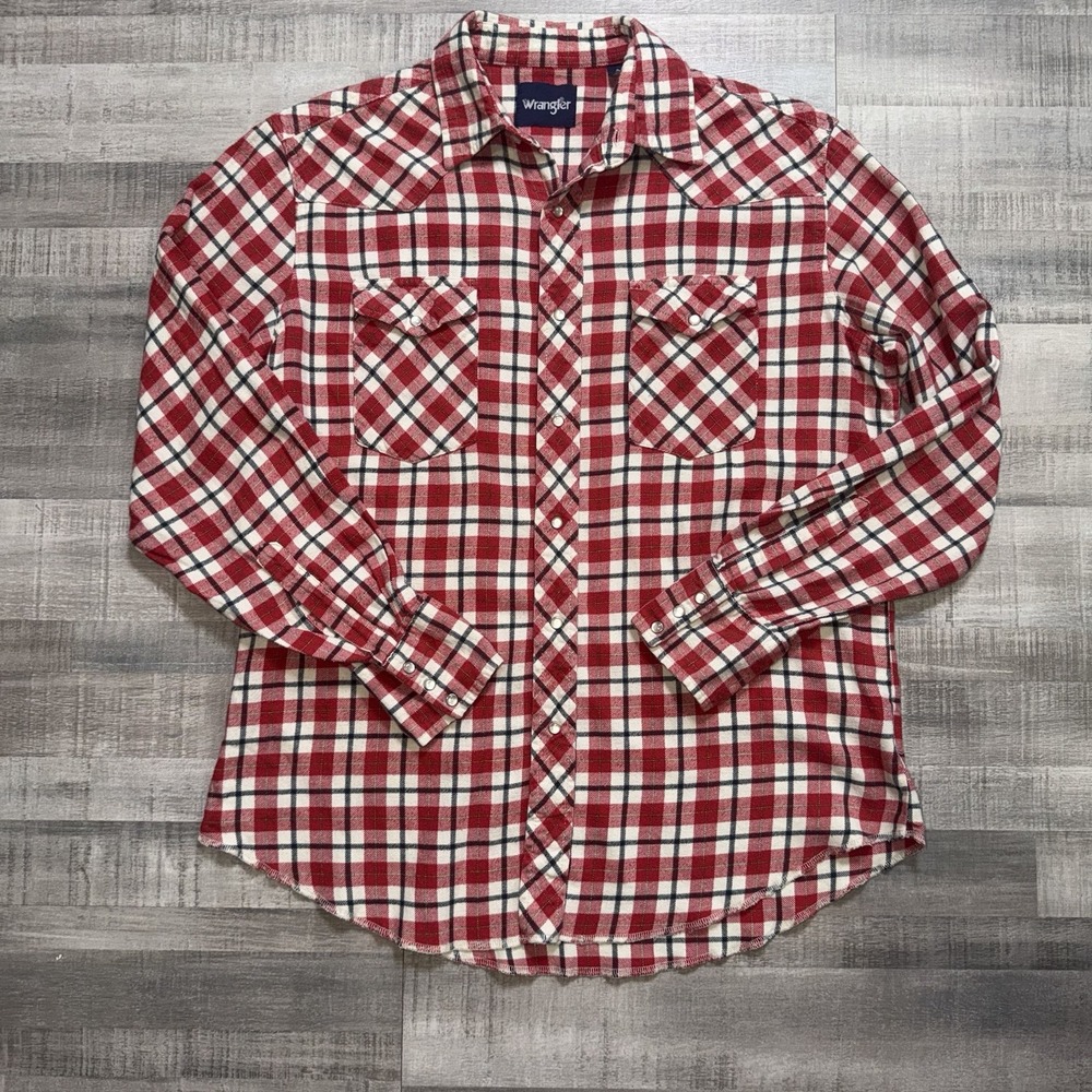 Wrangler Pearl Snap Western Shirt Mens Large Plaid Red Rodeo Cowboy